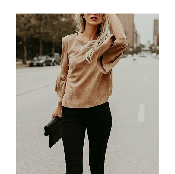 Faux Suede Bell Sleeve Blouse - Picture 3 of 4